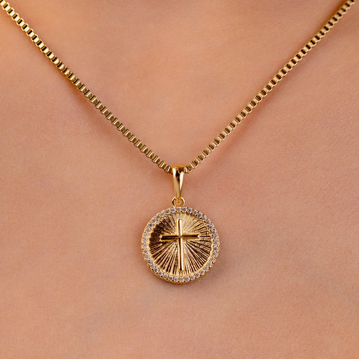 Small Cross Coin Pave Pendant in Gold