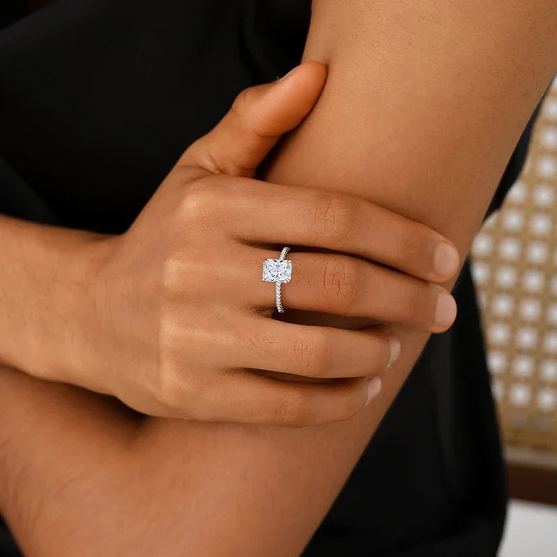 Radiant Cut Moissanite Engagement Ring With Eternity Band