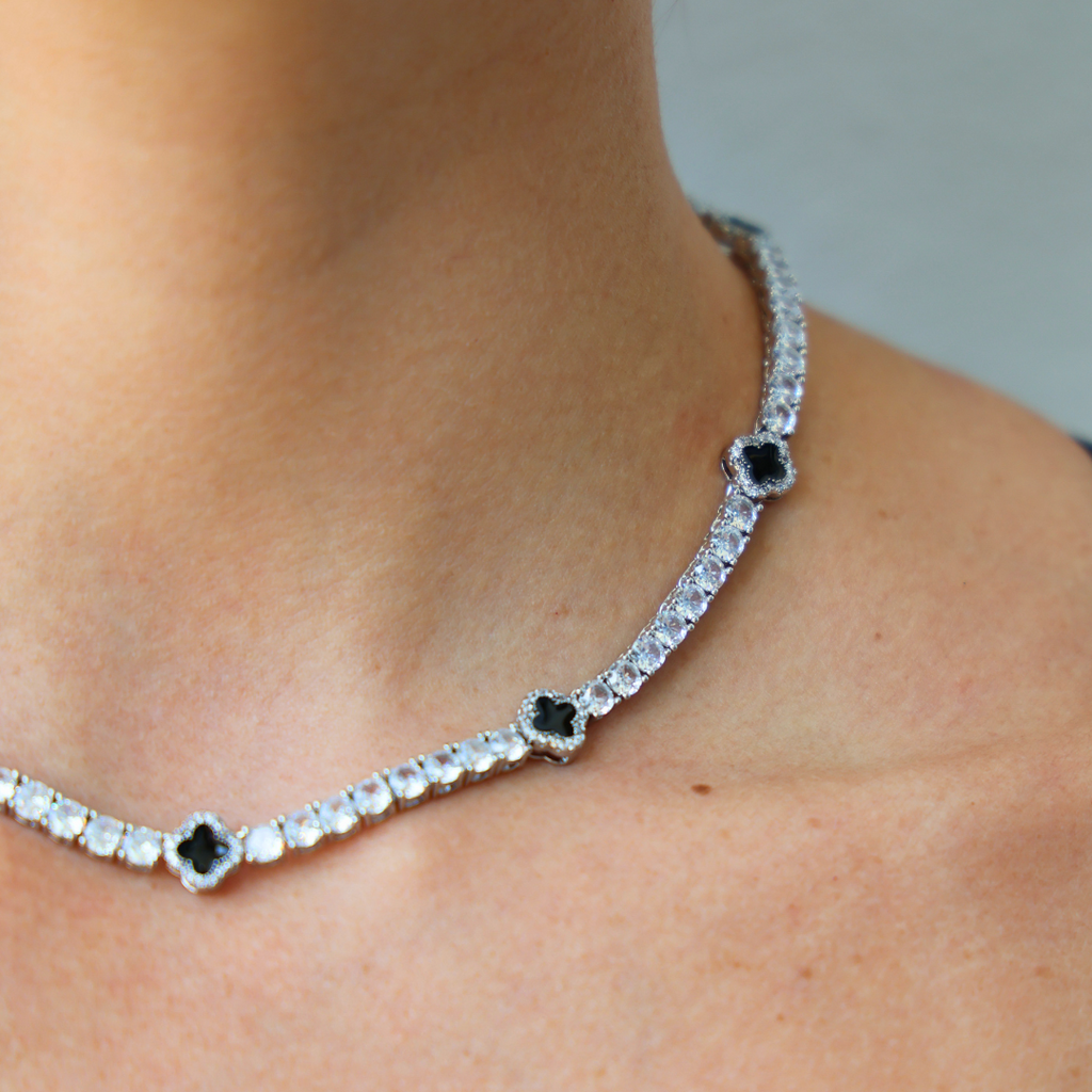 Women's Black Clover Tennis Chain (Silver) - 4mm