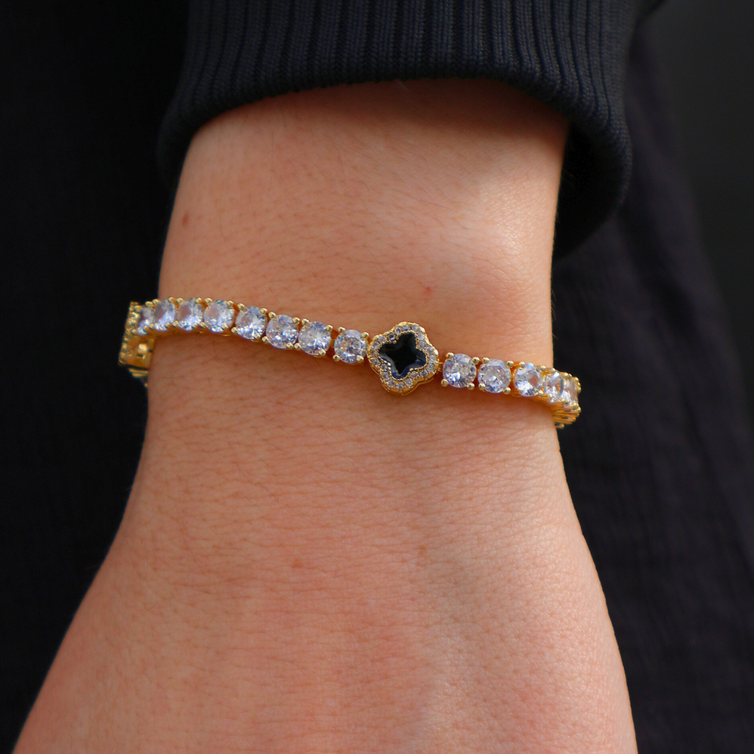 Women's Black Clover Tennis Bracelet (Gold) - 4mm