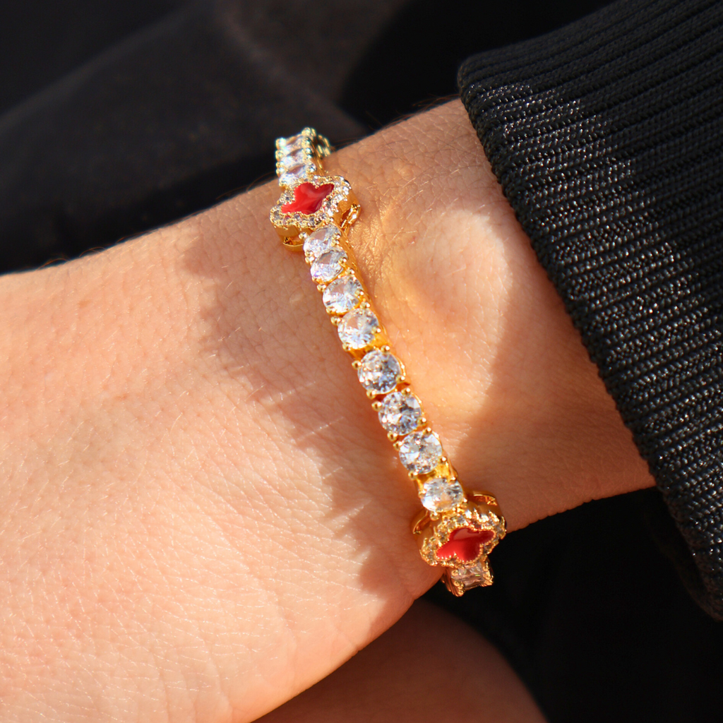 Women's Red Clover Tennis Bracelet (Gold) - 4mm