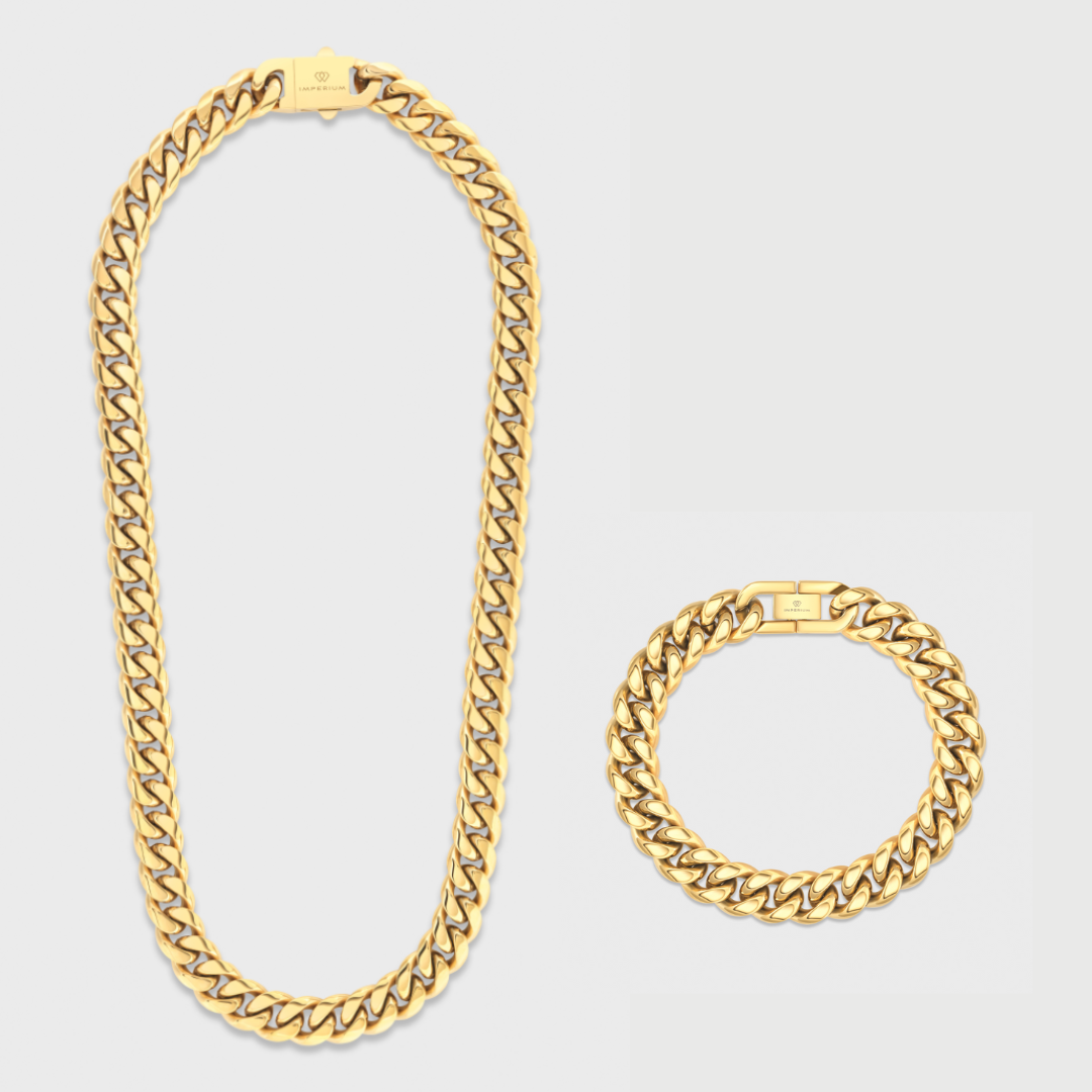 Cuban Link Chain + Bracelet (Gold) - 12mm
