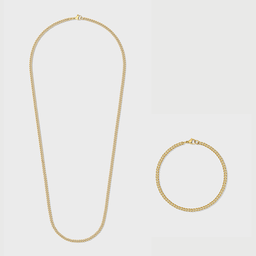 Women's Micro Cuban Link Chain + Bracelet (Gold) - 3mm