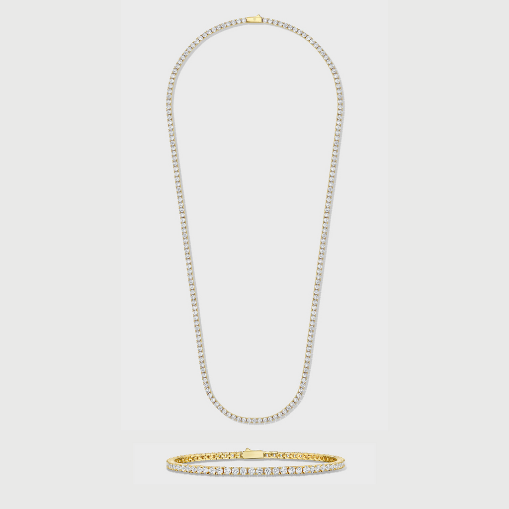 Women's Tennis Chain + Bracelet (Gold) - 3mm