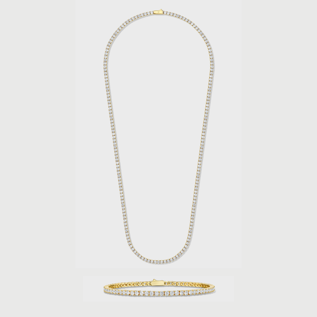 Women's Tennis Chain + Bracelet (Gold) - 3mm