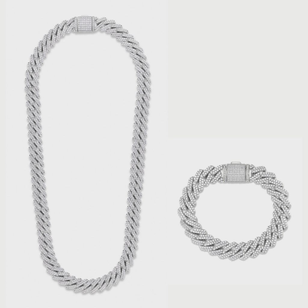 Iced Prong Cuban Chain + Bracelet (Silver) - 12mm