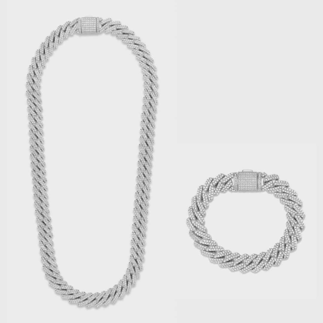 Iced Prong Cuban Chain + Bracelet (Silver) - 12mm