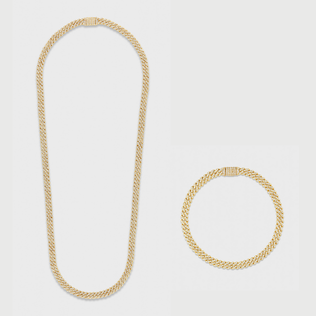 Women's Iced Micro Prong Cuban Chain + Bracelet (Gold) - 5mm