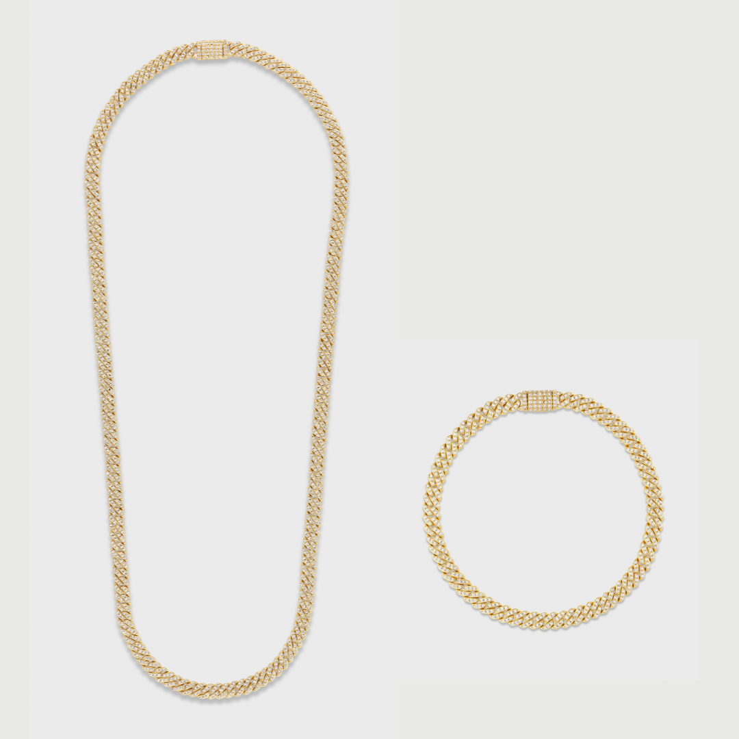 Women's Iced Micro Prong Cuban Chain + Bracelet (Gold) - 5mm