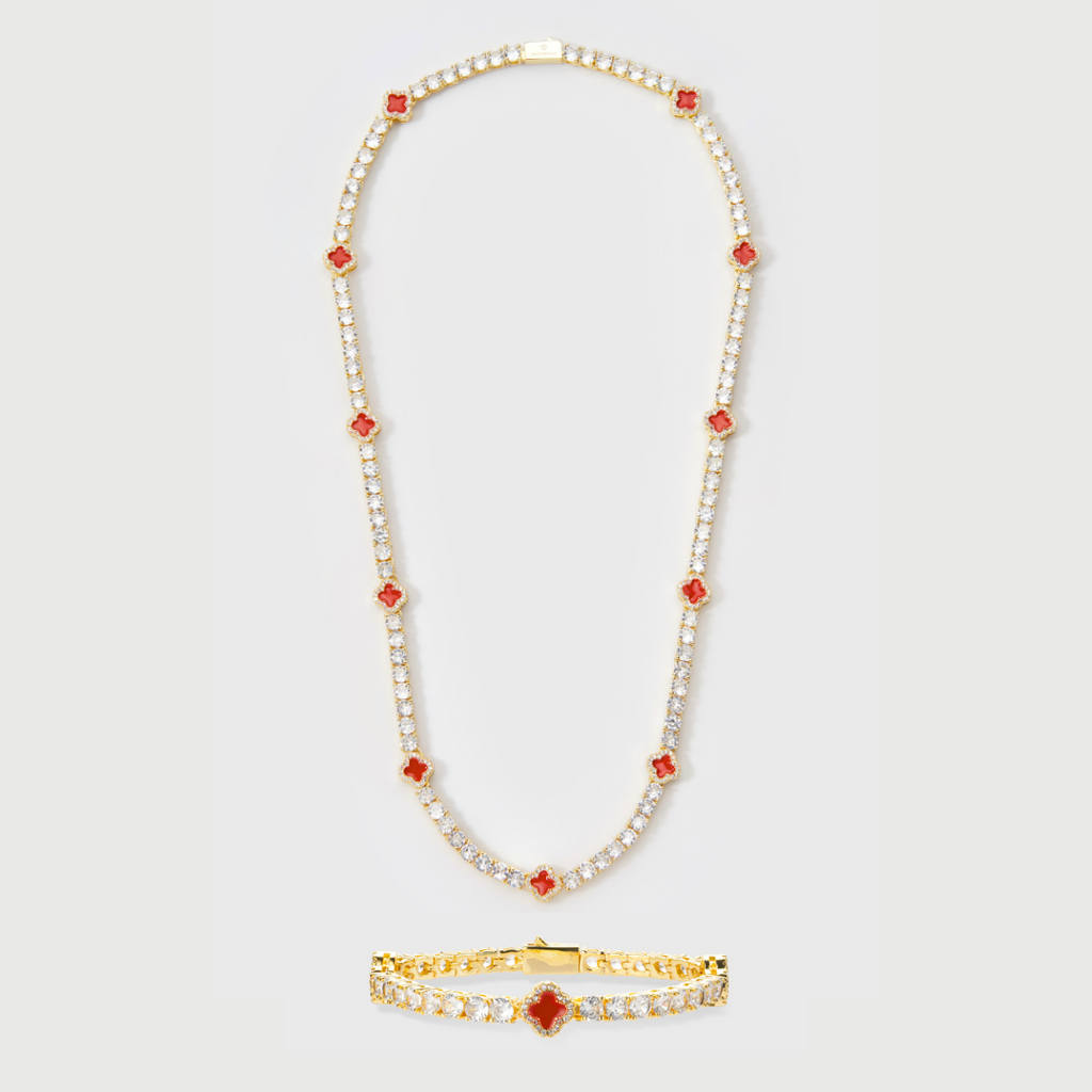 Red Clover Tennis Chain + Bracelet (Gold) - 4mm