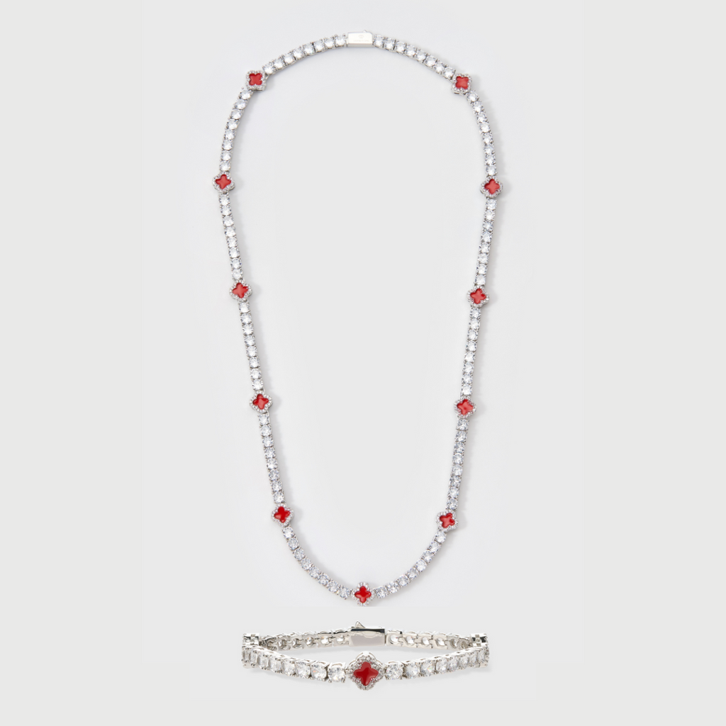 Red Clover Tennis Chain + Bracelet (Silver) - 4mm