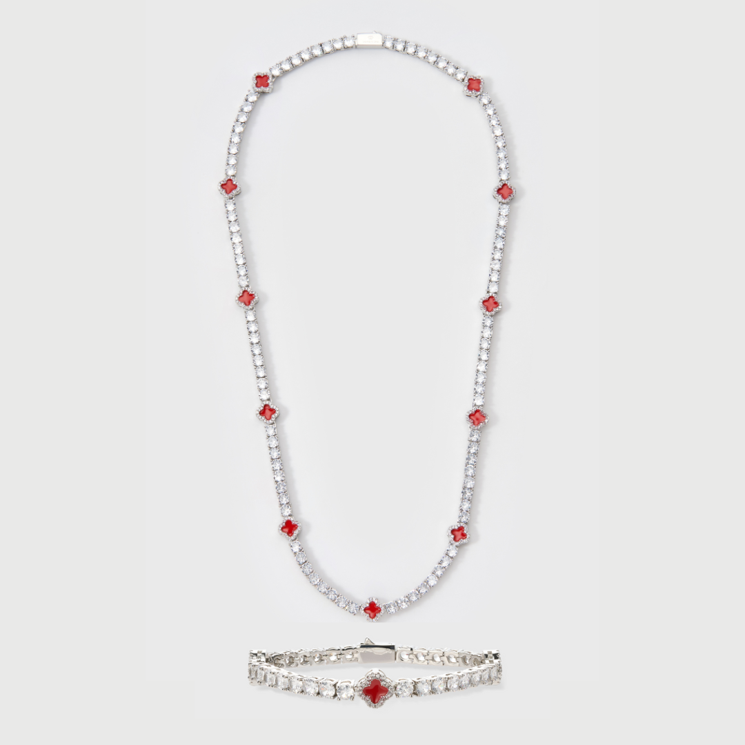 Red Clover Tennis Chain + Bracelet (Silver) - 4mm