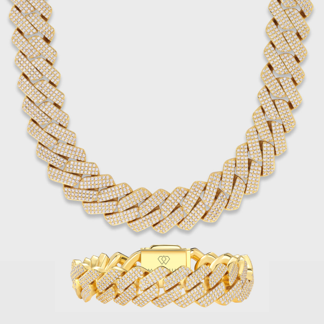 Iced Prong Cuban Chain + Bracelet (Gold) - 20mm