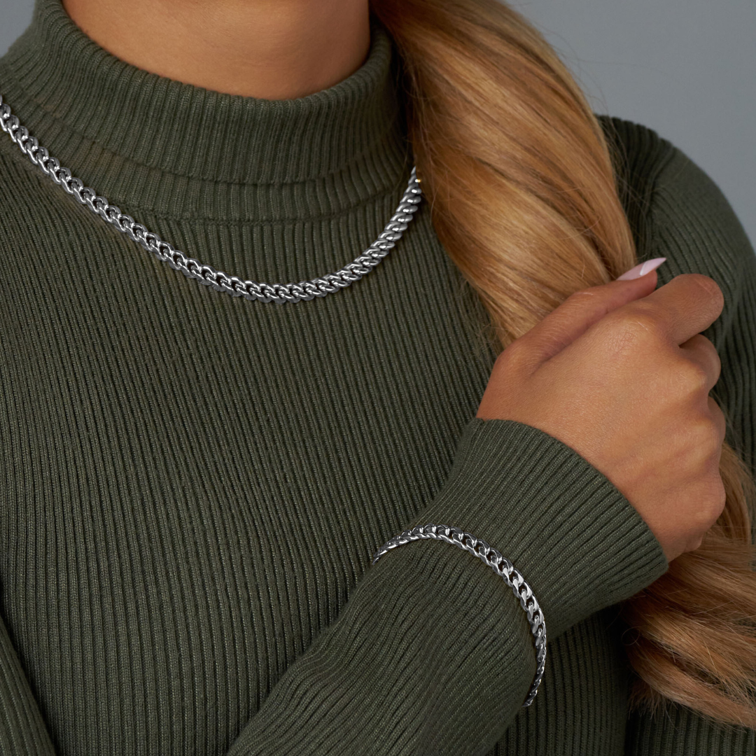 Women's Cuban Link Chain + Bracelet (Silver) - 5mm