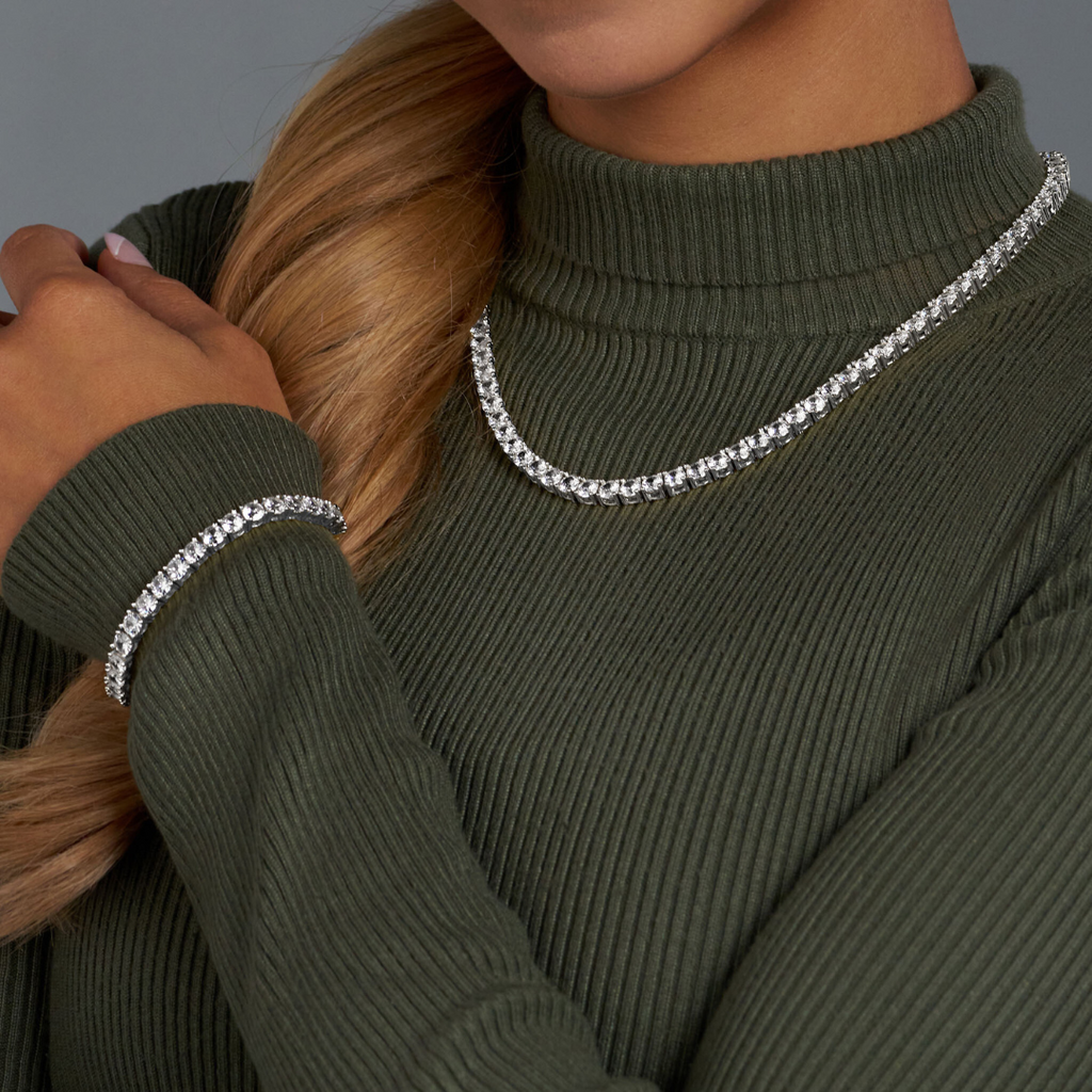 Women's Tennis Chain + Bracelet (Silver) - 5mm