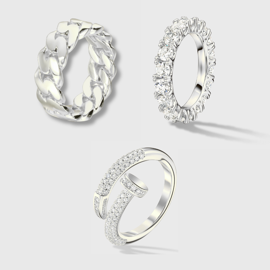 Rings Bundle (Silver) - Cuban, Tennis and Nail