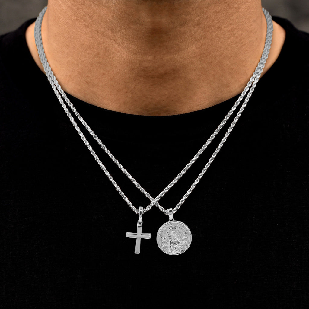 Micro Simple Cross and Saint Michael Coin Pendant Set in White Gold
