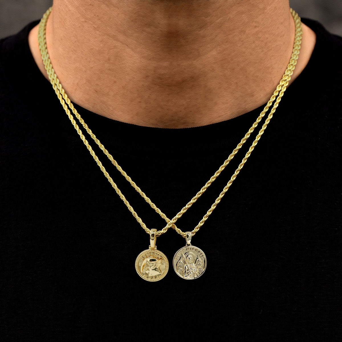 Saint Michael Coin and Memento Mori Coin Pendant Set in Yellow Gold