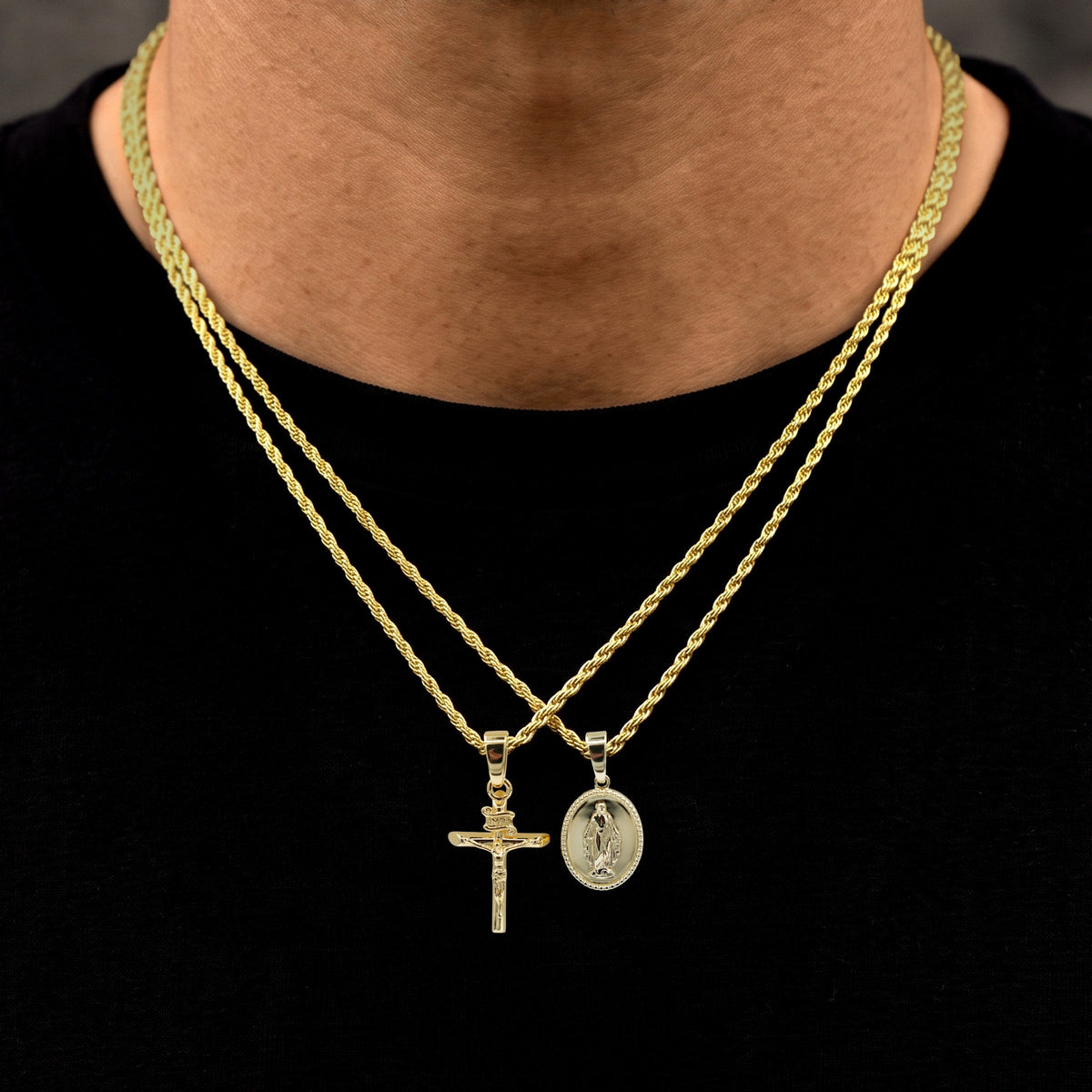 Micro Lady of Guadalupe and Crucifix Pendant Set in Yellow Gold