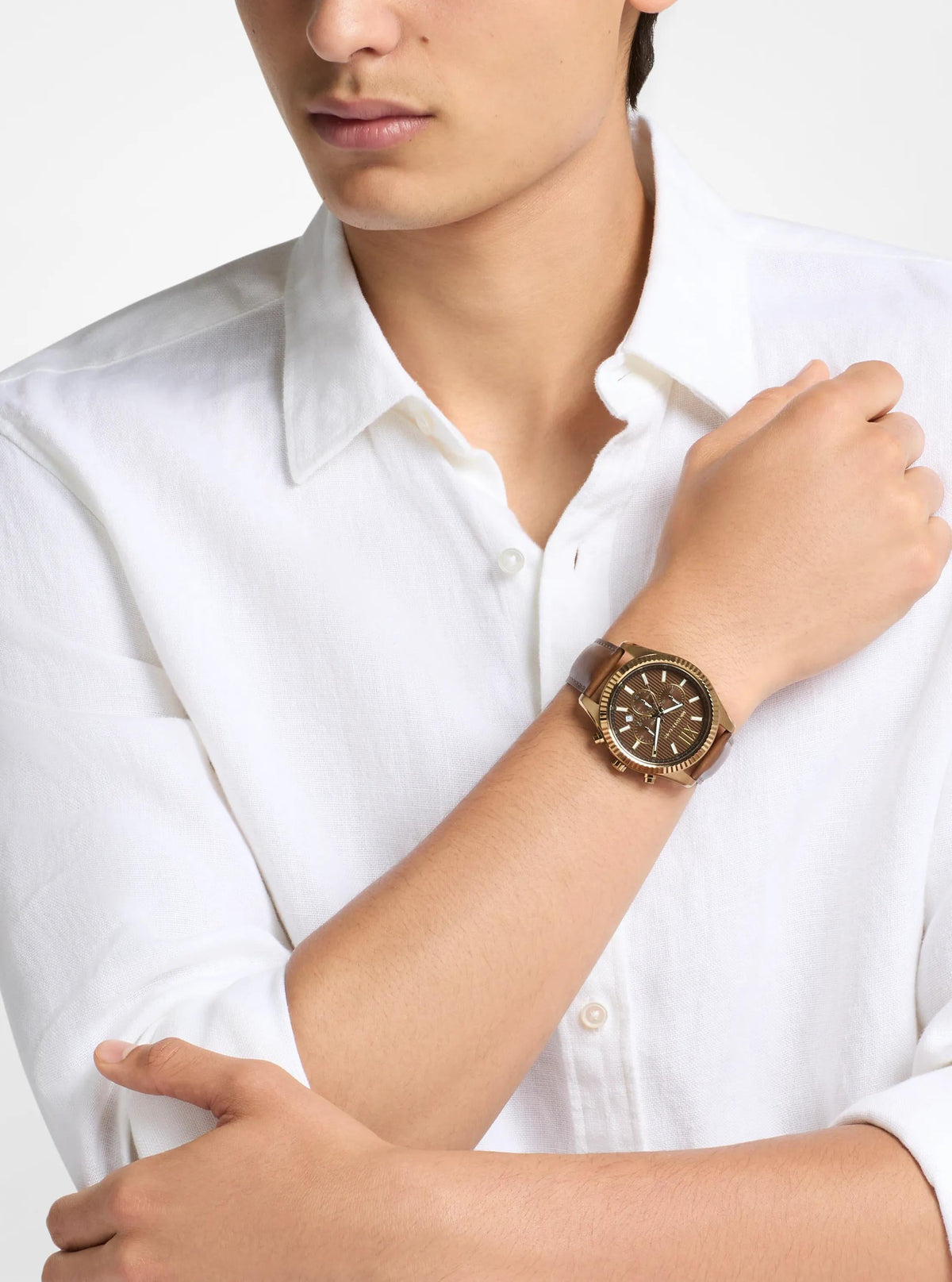 Oversized Lexington Beige Gold-Tone Leather Watch