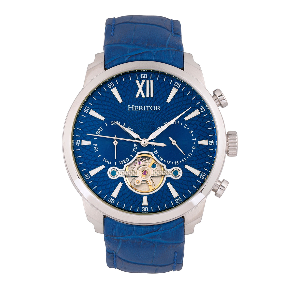 Arthur Semi-Skeleton Leather-Band Watch with Day & Date
