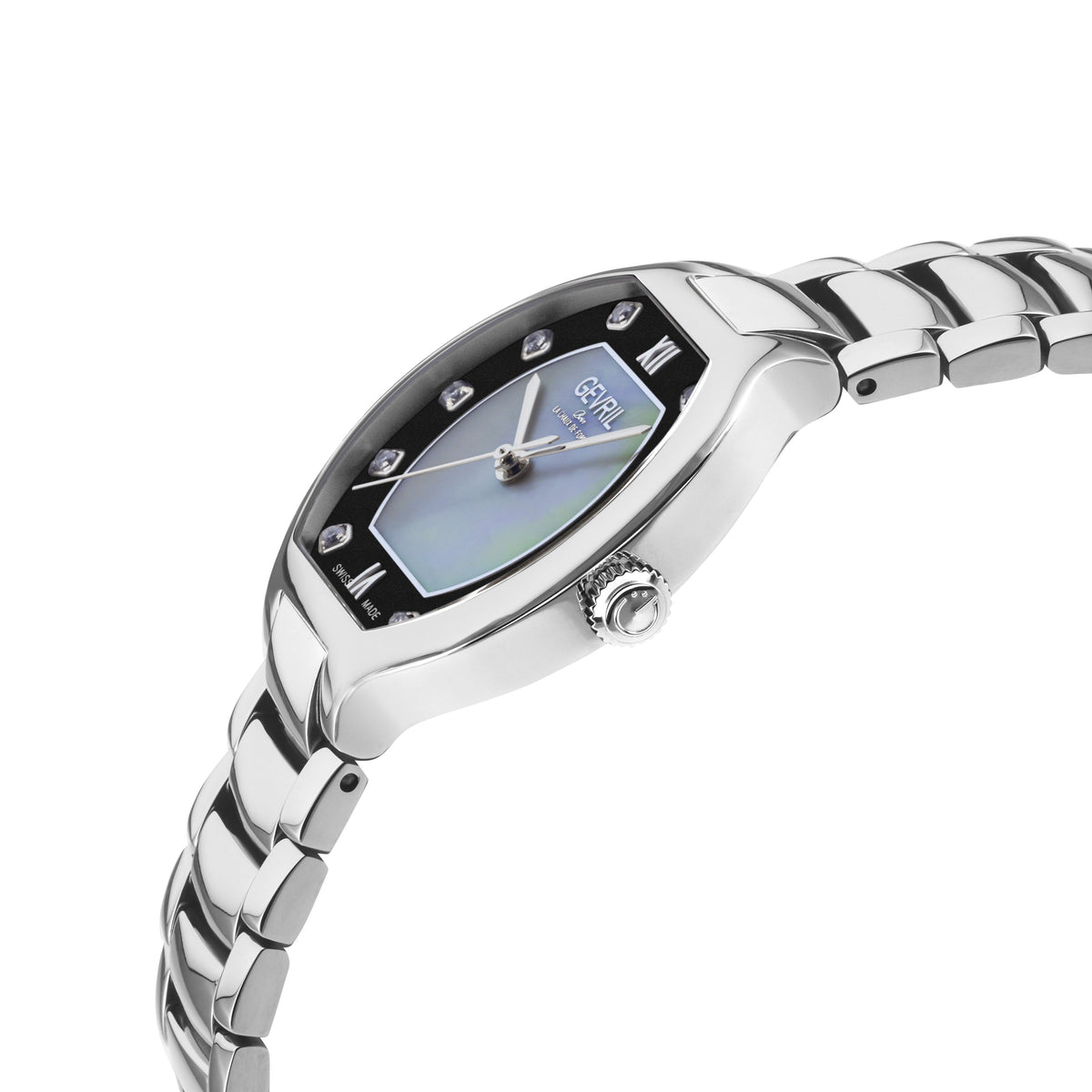 Gevril Women's Lugano Swiss Diamond Watch, Black MOP Dial,316L Stainless Steel Case, 316L Stainless Steel Bracelet Watch.