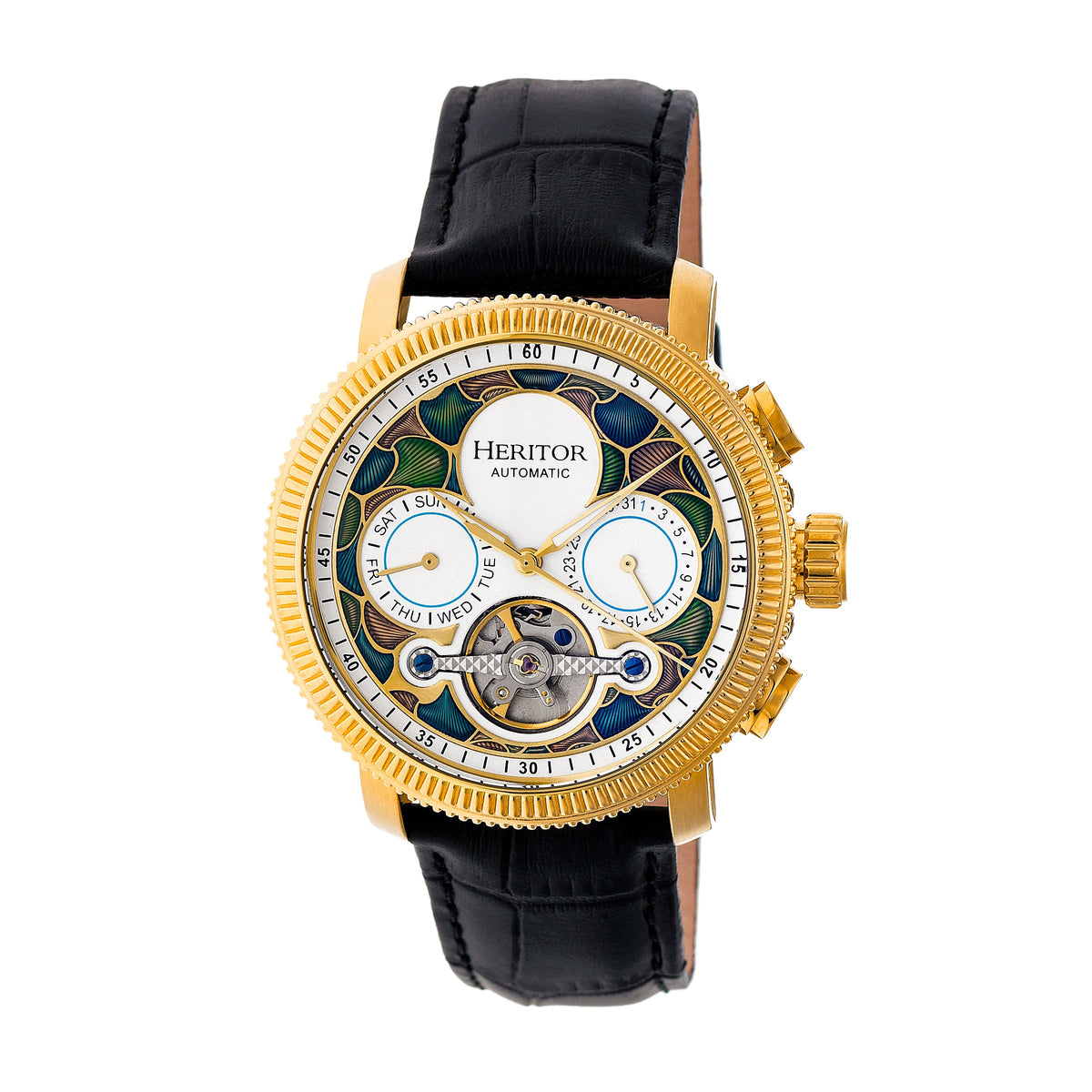 Aura Men's Semi-Skeleton Leather-Band Watch