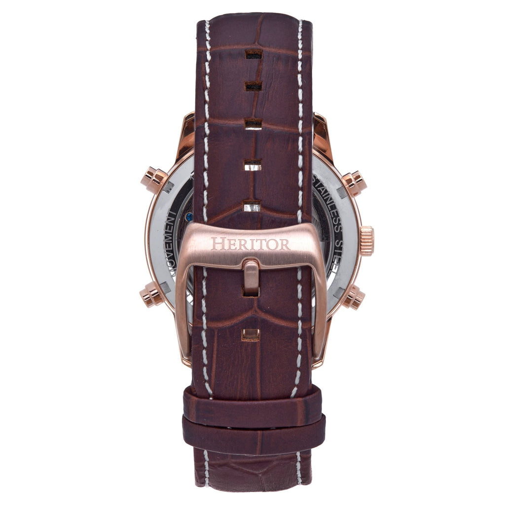 Heritor Automatic Wilhelm Semi-Skeleton Leather-Band Watch w/Day/Date - Brown/Rose Gold