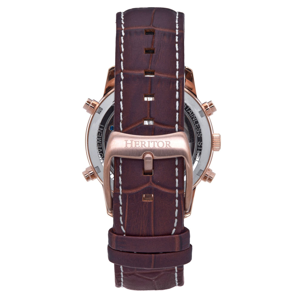 Heritor Automatic Wilhelm Semi-Skeleton Leather-Band Watch w/Day/Date - Brown/Rose Gold