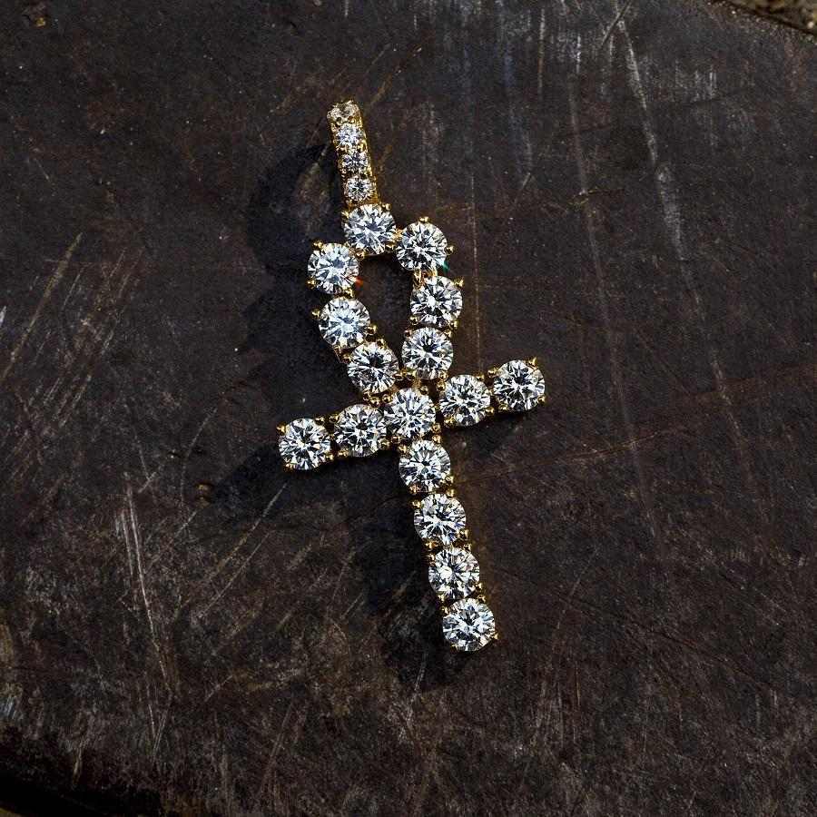 Iced Ankh Cross Pendant in Yellow Gold
