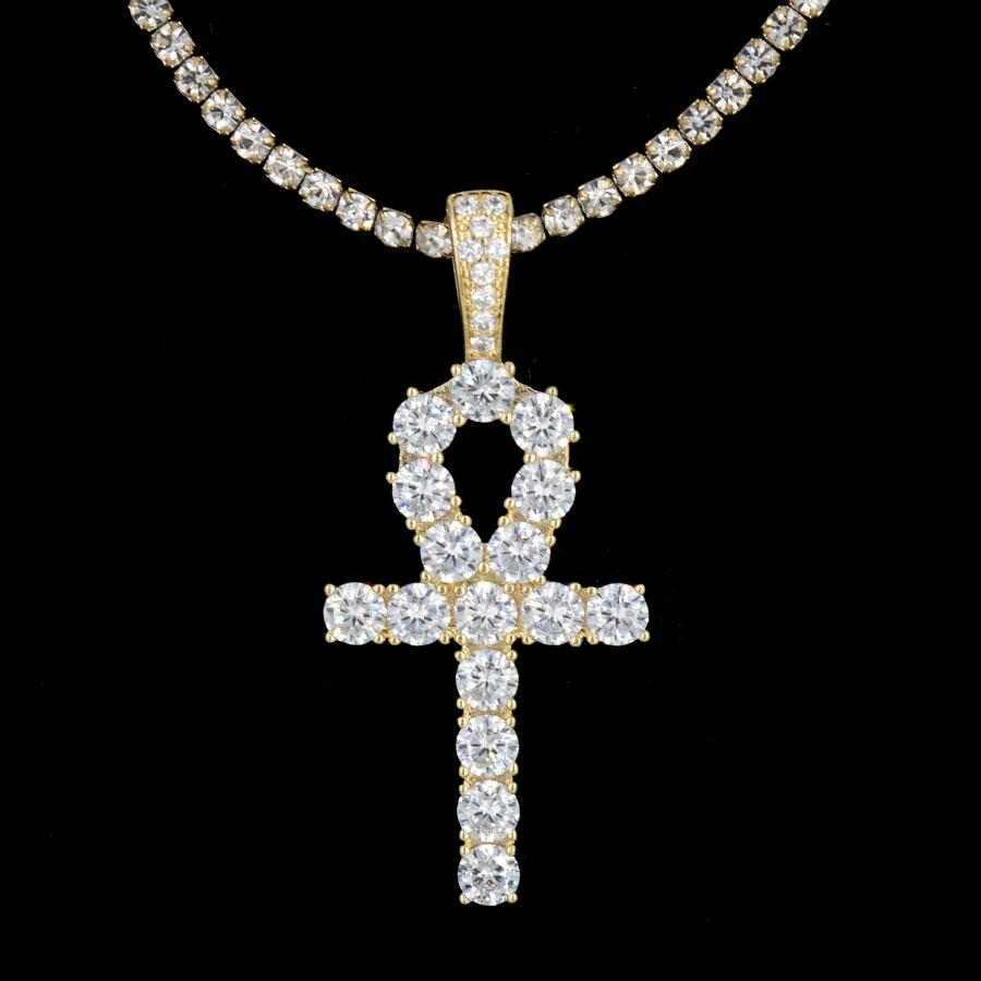 Iced Ankh Cross Pendant in Yellow Gold