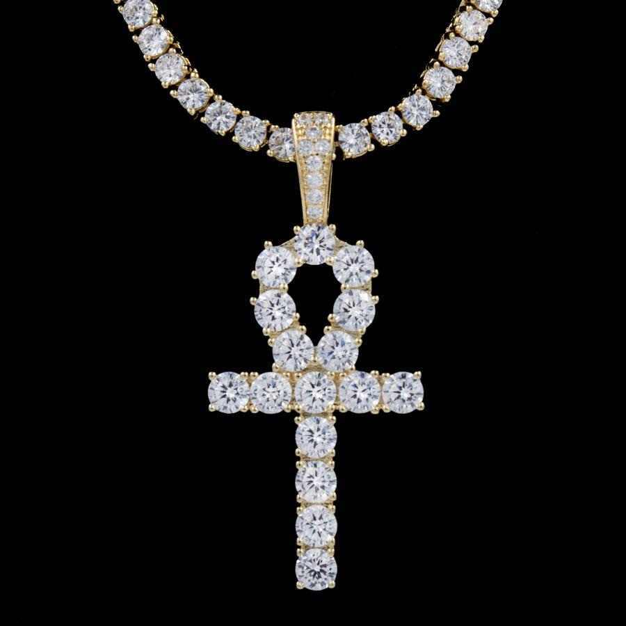 Iced Ankh Cross Pendant in Yellow Gold