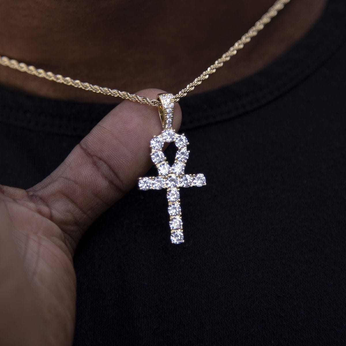 Iced Ankh Cross Pendant in Yellow Gold