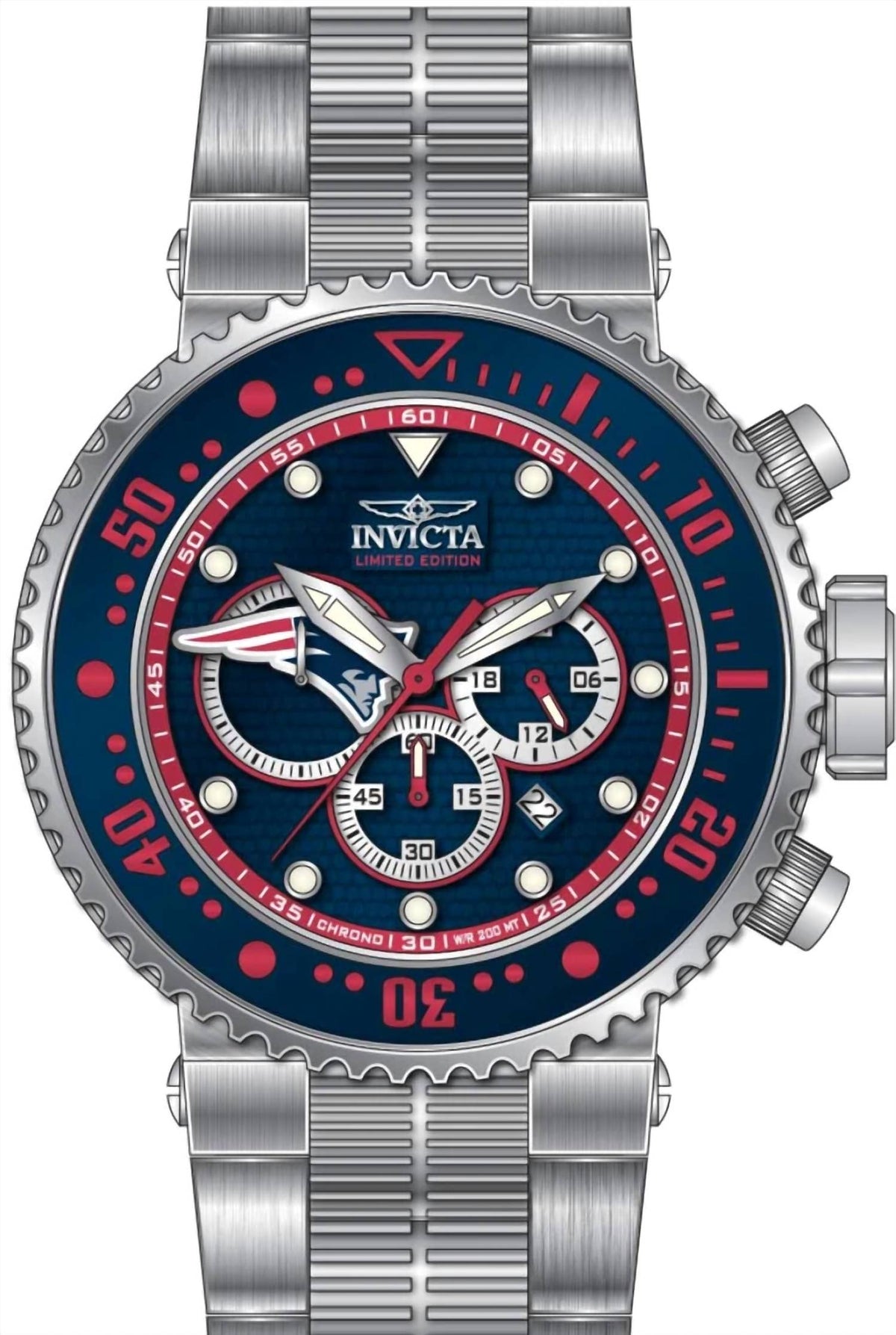 Men's Nfl Grand Pro Diver 52Mm Quartz Chrono Bracelet Watch In New England Patriots