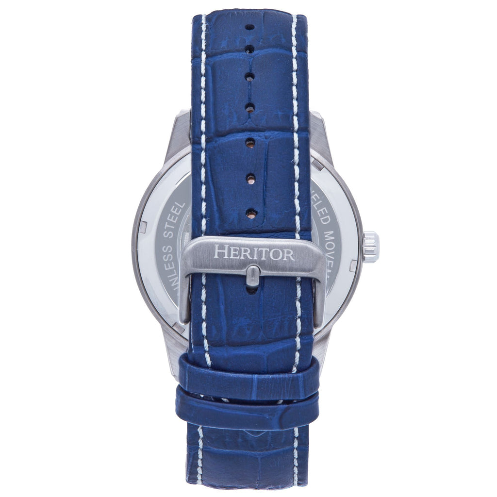 Heritor Automatic Davies Semi-Skeleton Leather-Band Watch - Silver/Navy