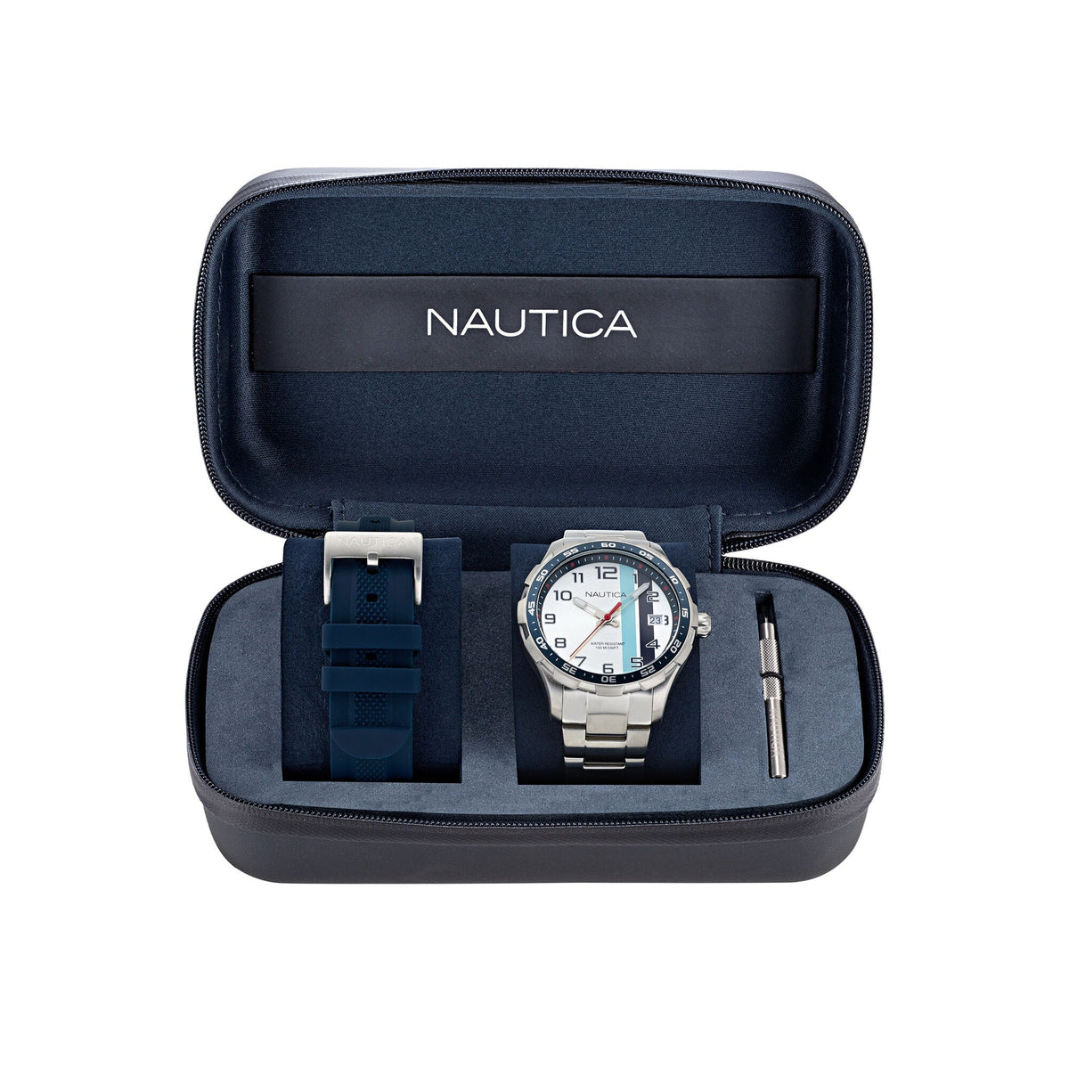 Nautica Nst Small 3-Hand Recycled Stainless Steel And Silicone Strap Watch Set