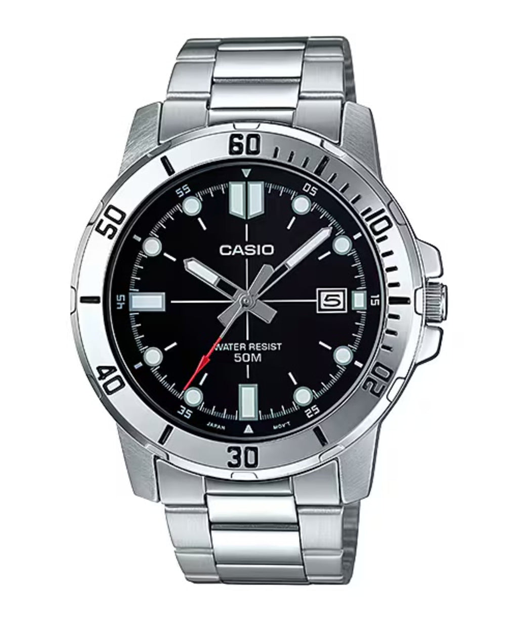 Casio Men’s Silver Stainless Steel Watch with Black Dial - MTP-VD01D-1EVUDF