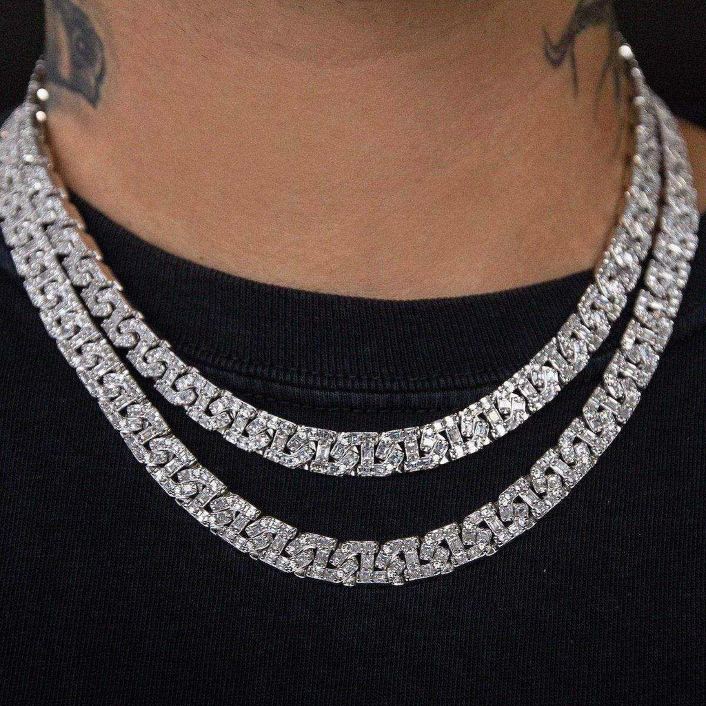 Baguette Chain Link Necklace in White Gold- 8mm