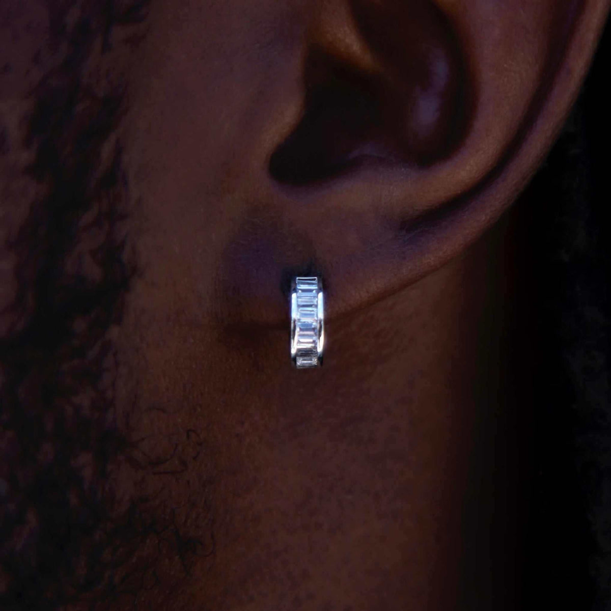GLD Baguette Hoop Stud Earrings in White Gold