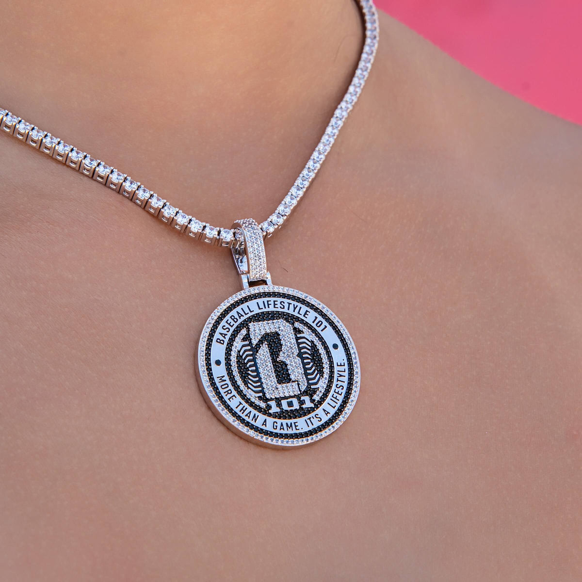 Baseball Lifestyle 101 Iced Coin Pendant in White Gold