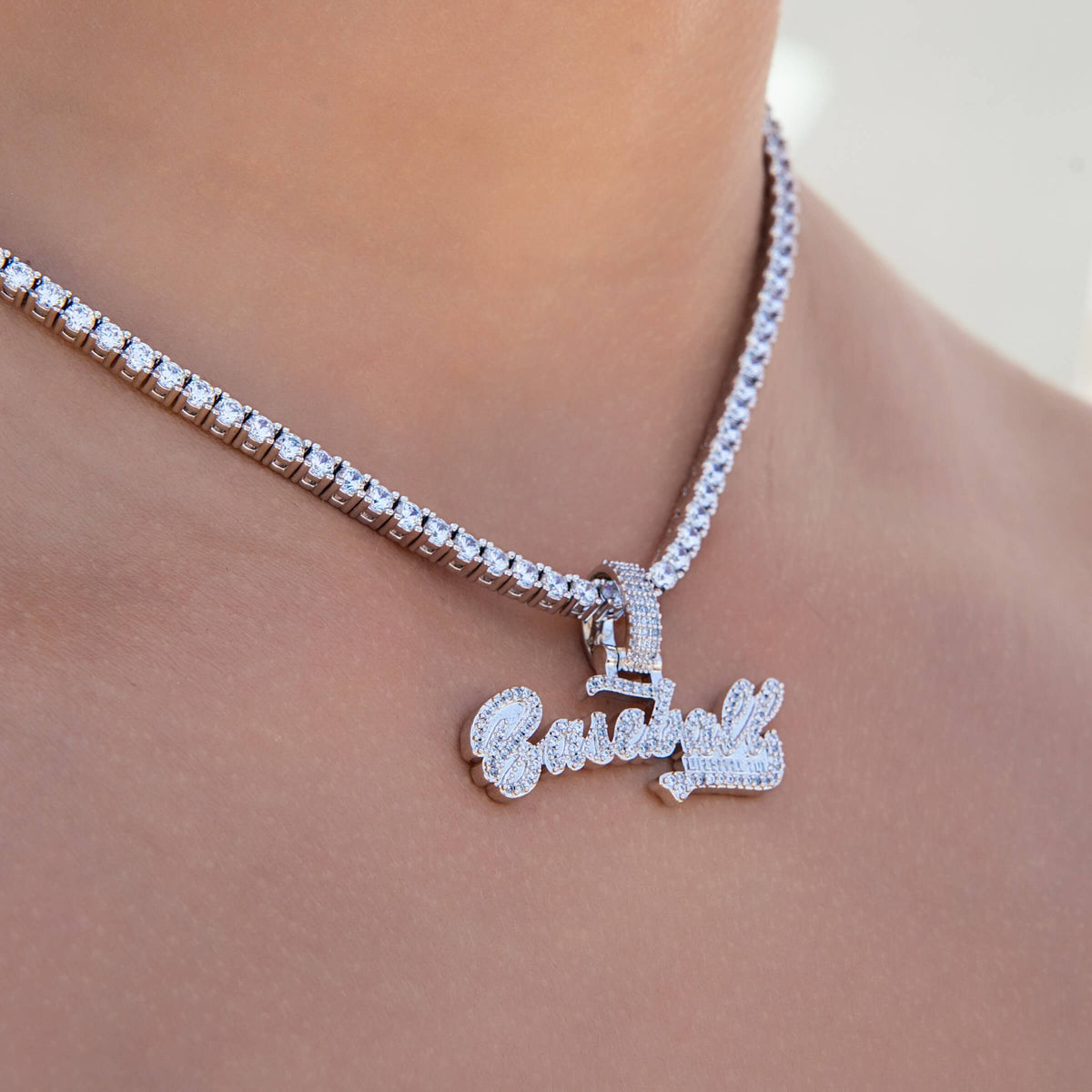 Baseball Lifestyle 101 Iced Wordmark Pendant in White Gold