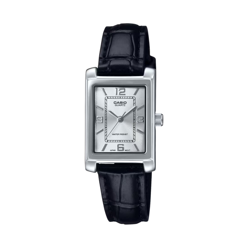 Casio Women's Silver Dial Analog Watch Black Leather Band - LTP-1234LL-7ADF