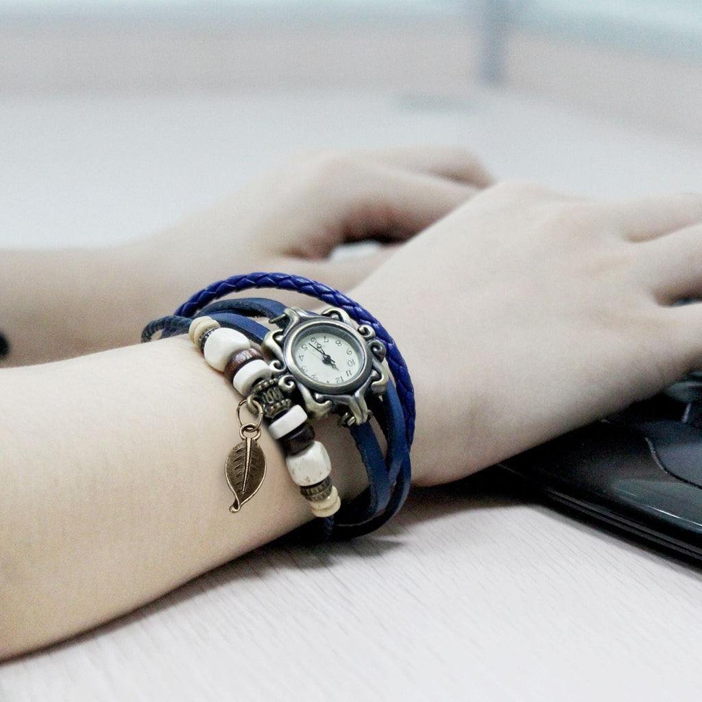 Beautiful Bohemian Style Retro Handmade Leather Tree Leaf Women's Watches Blue