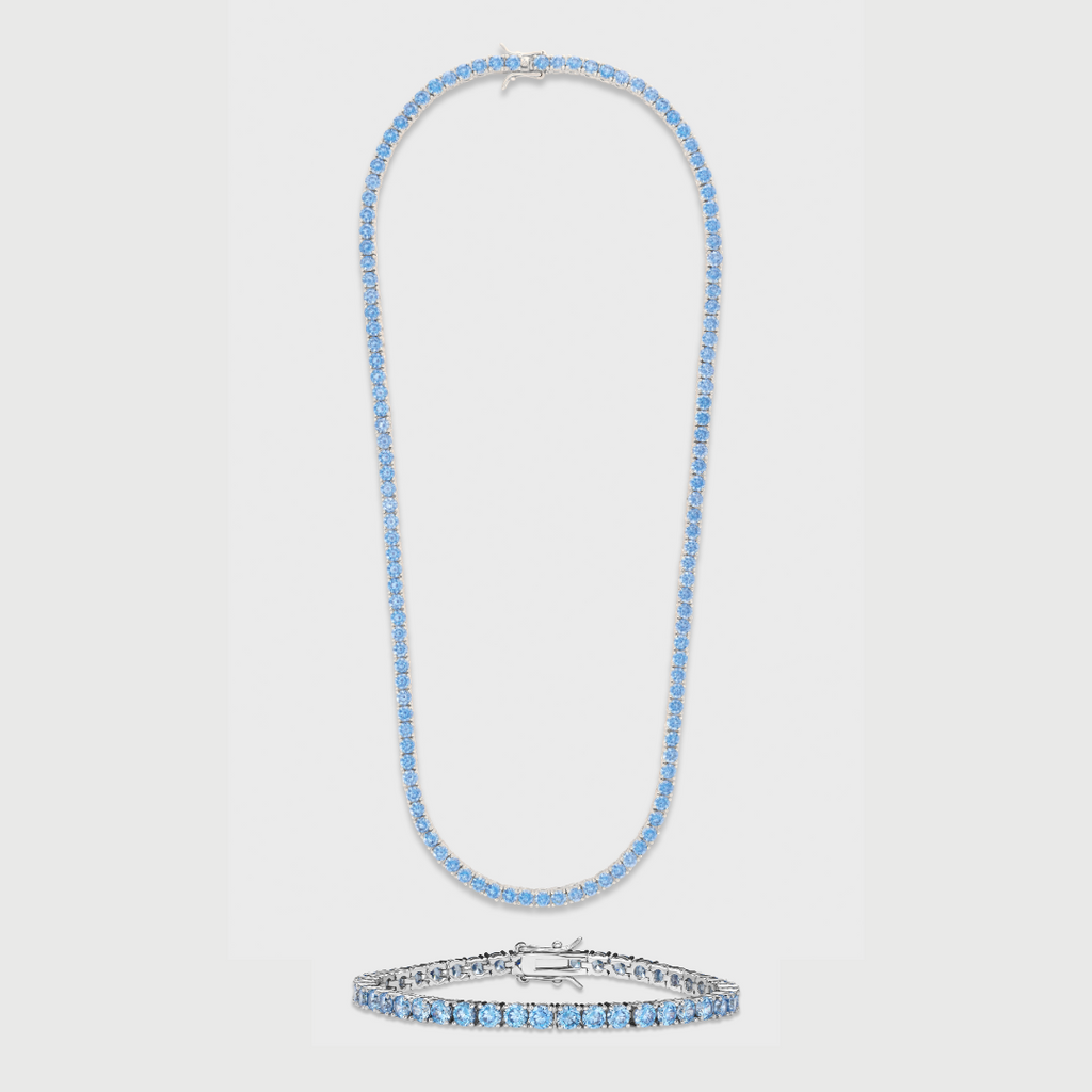 Blue Tennis Chain + Bracelet (Silver) - 4mm