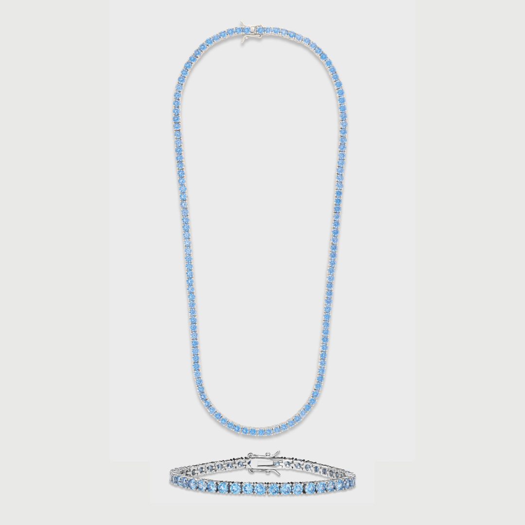 Blue Tennis Chain + Bracelet (Silver) - 4mm
