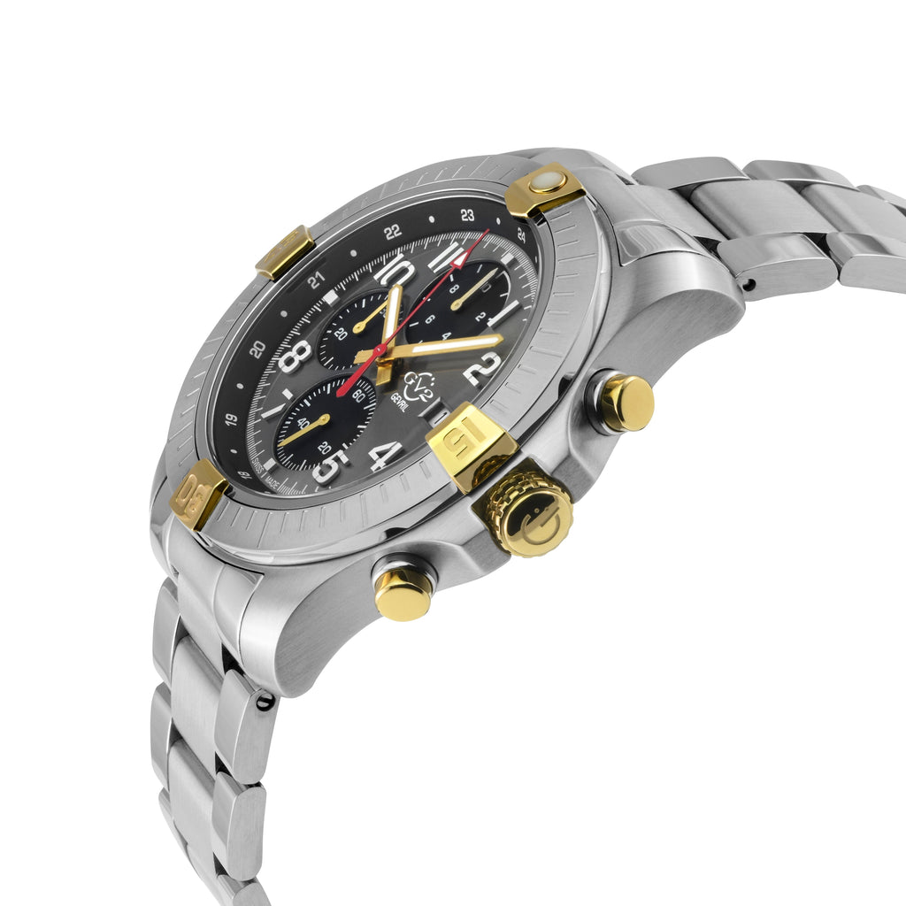 GV2 Men's T38 SS Case, 2T Bezel ring, Enamel Gray Dial with White print, 3 Black sub dial, 316L Staineless Steel Bracelet Watch.