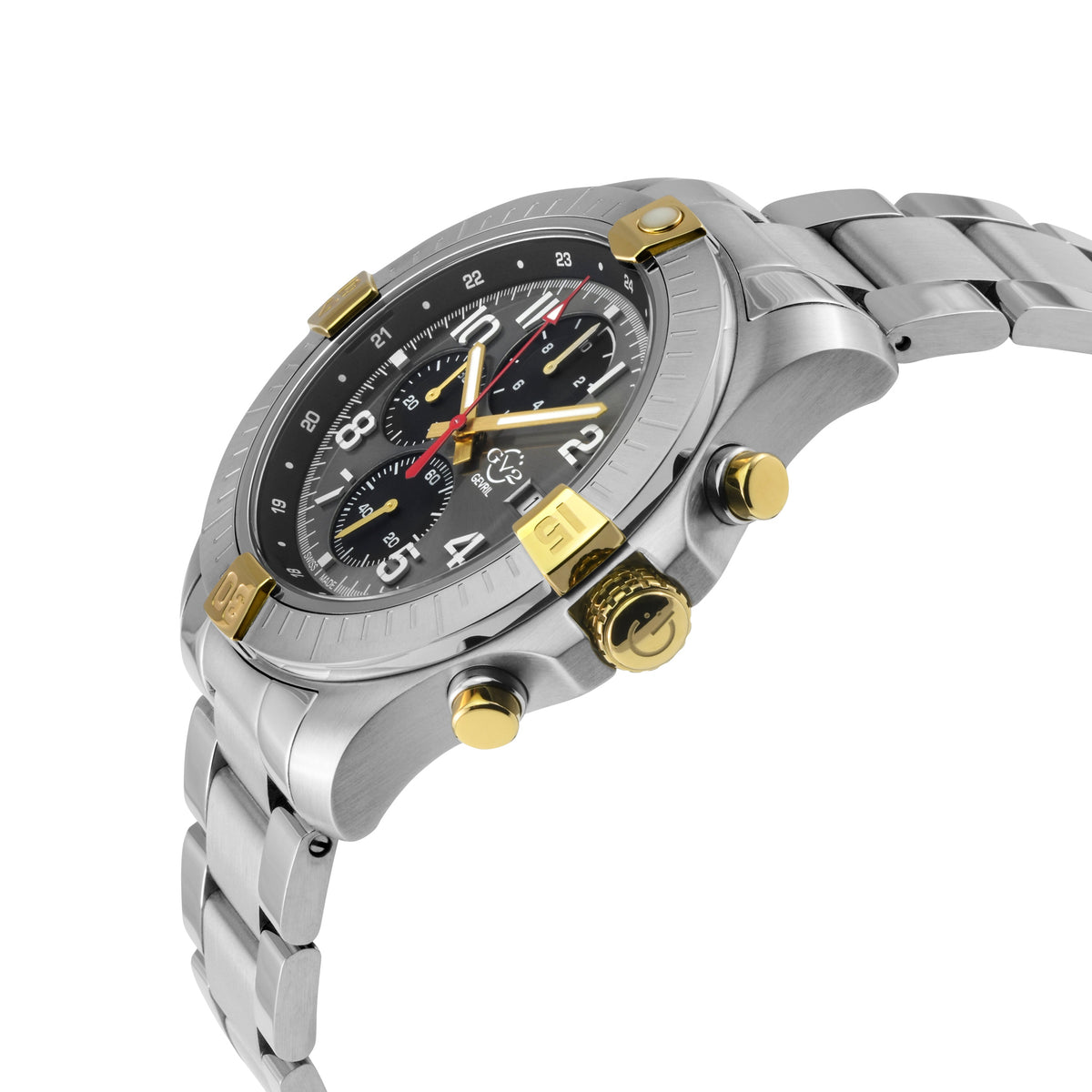 GV2 Men's T38 SS Case, 2T Bezel ring, Enamel Gray Dial with White print, 3 Black sub dial, 316L Staineless Steel Bracelet Watch.