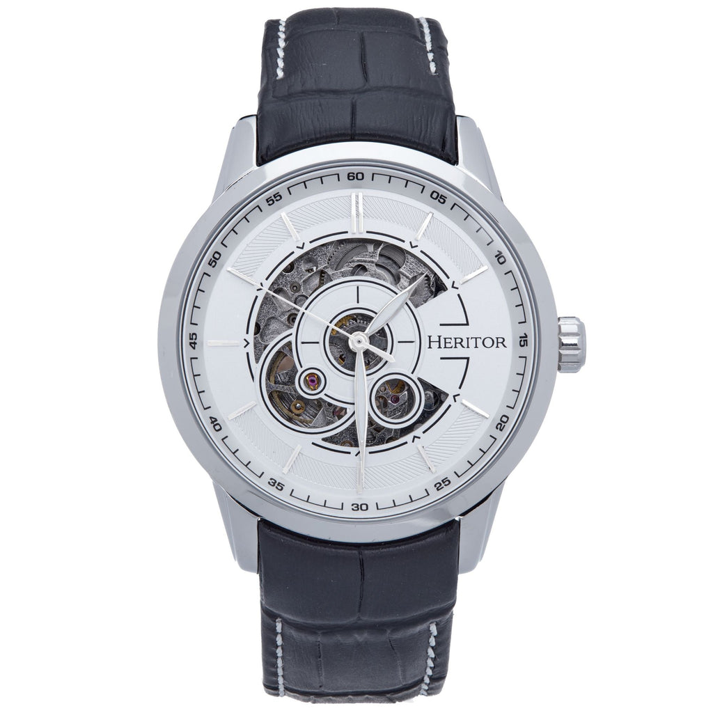 Heritor Automatic Davies Semi-Skeleton Leather-Band Watch - Silver/White