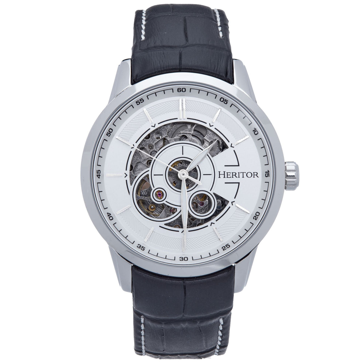 Heritor Automatic Davies Semi-Skeleton Leather-Band Watch - Silver/White