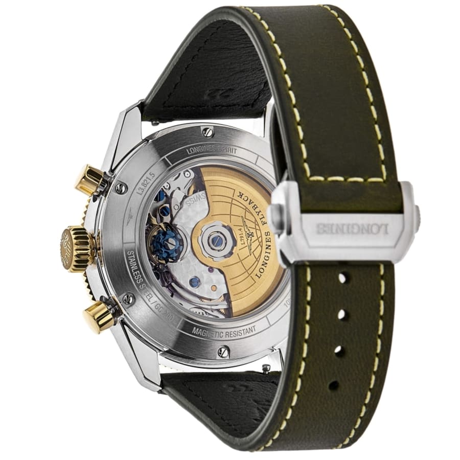 Longines Spirit Flyback Automatic Chronograph Green Dial 18K Yellow Gold Bezel Leather Strap Men's Watch L3.821.5.53.2